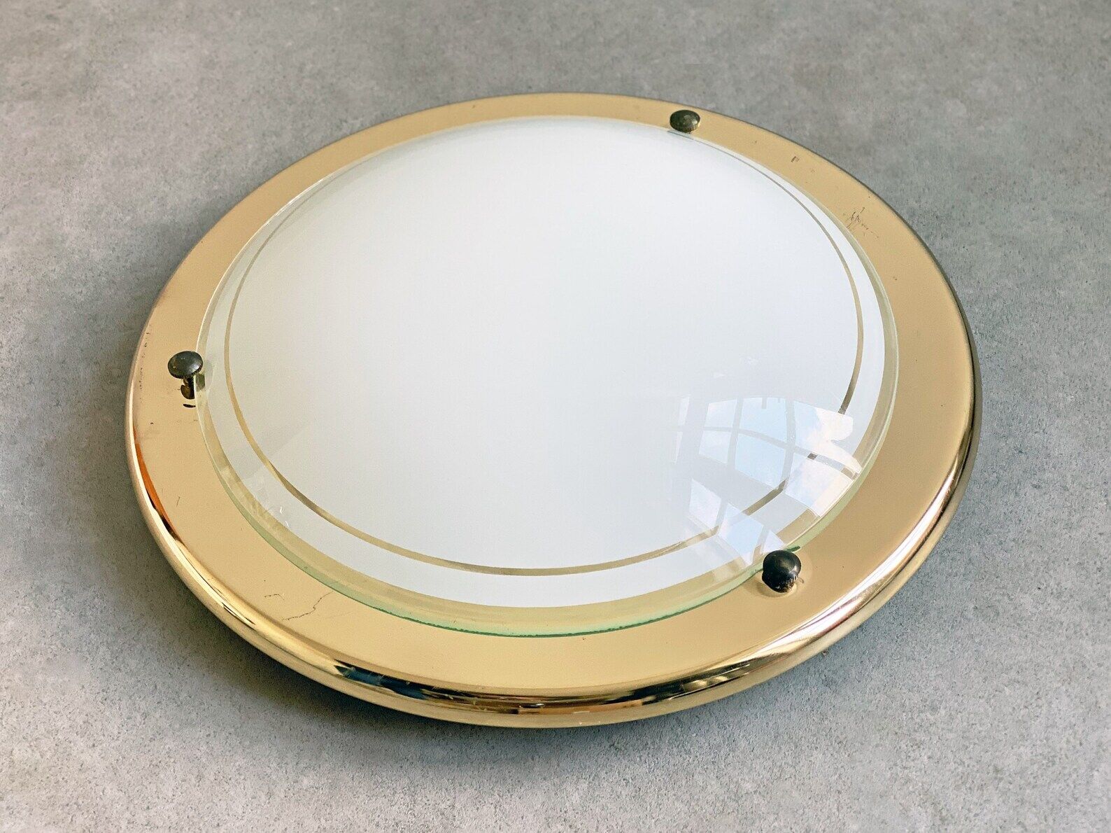 Vintage 80s round ceiling lamp brass & white glass