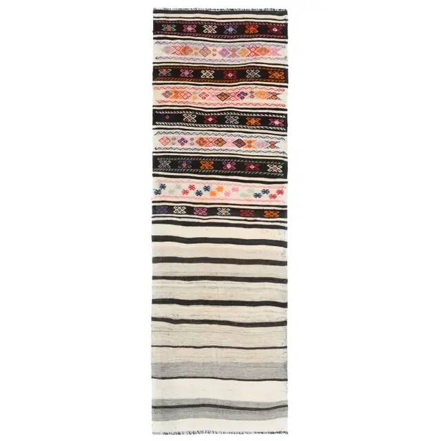 1970s vintage Turkish hand-knotted wool cotton white runner rug 84x259