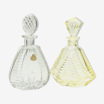 Matching pair of bohemian crystal decanters with art deco motifs