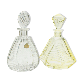 Matching pair of bohemian crystal decanters with art deco motifs