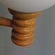 Space age chandelier in 5-arm wood with white frosted opaline glass spheres.