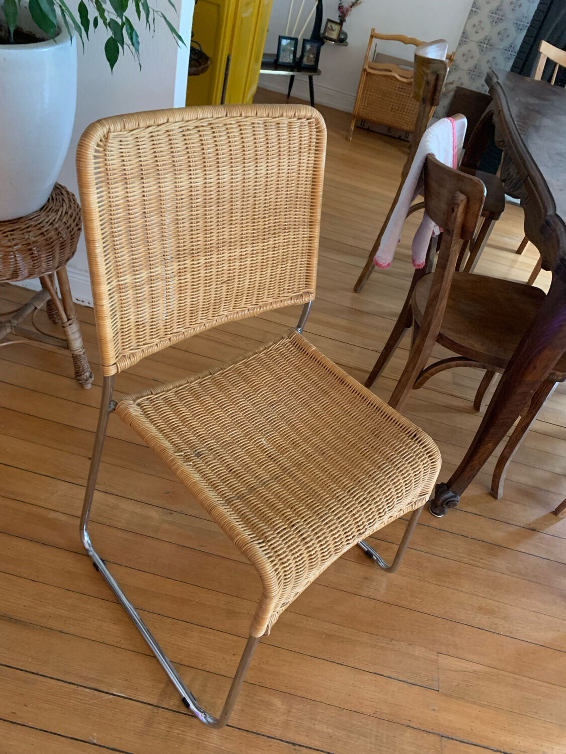 Vintage wicker and chrome chair from the 1970s.