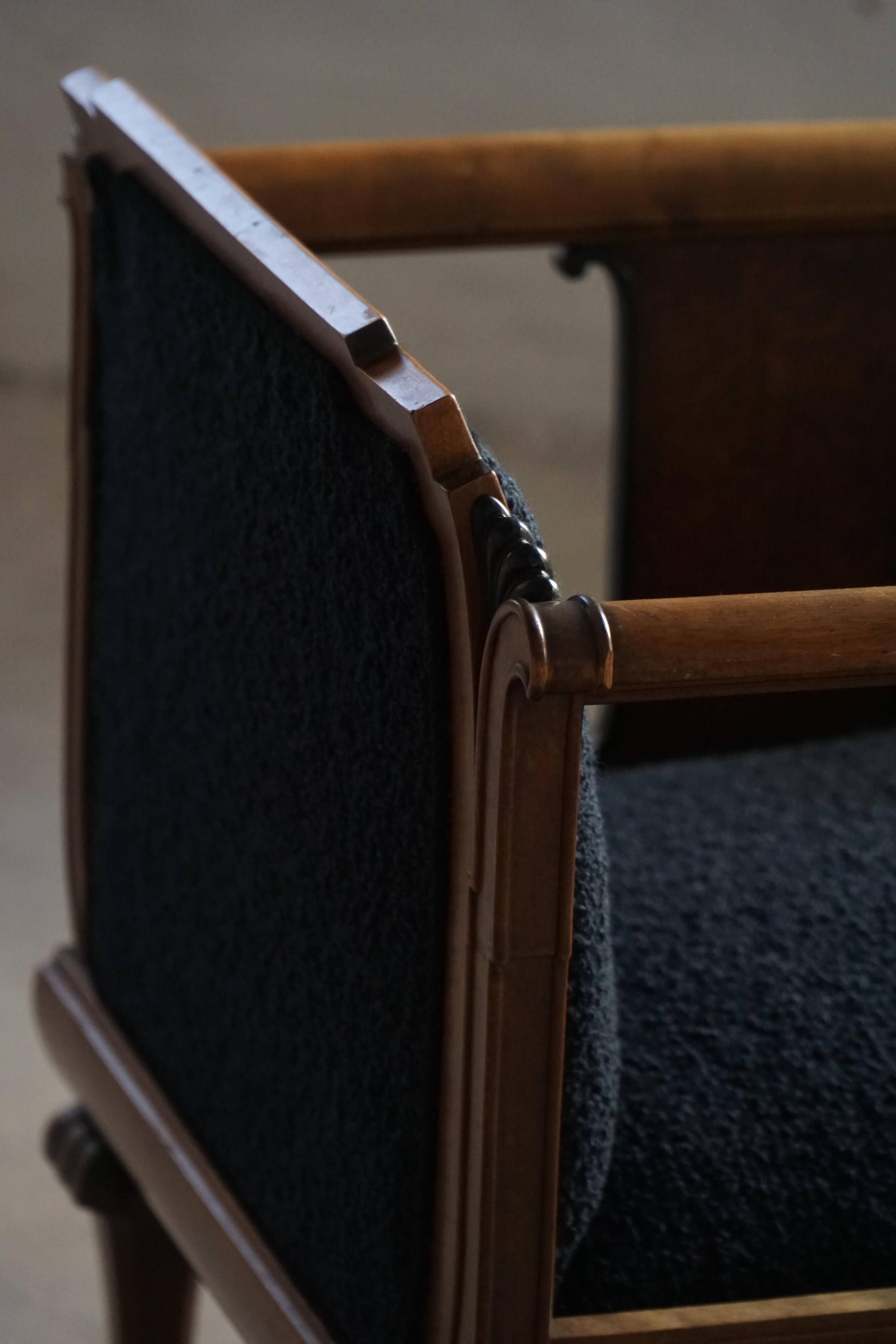 Early 20th century Danish Art Nouveau armchair, reupholstered in charcoal boucle.