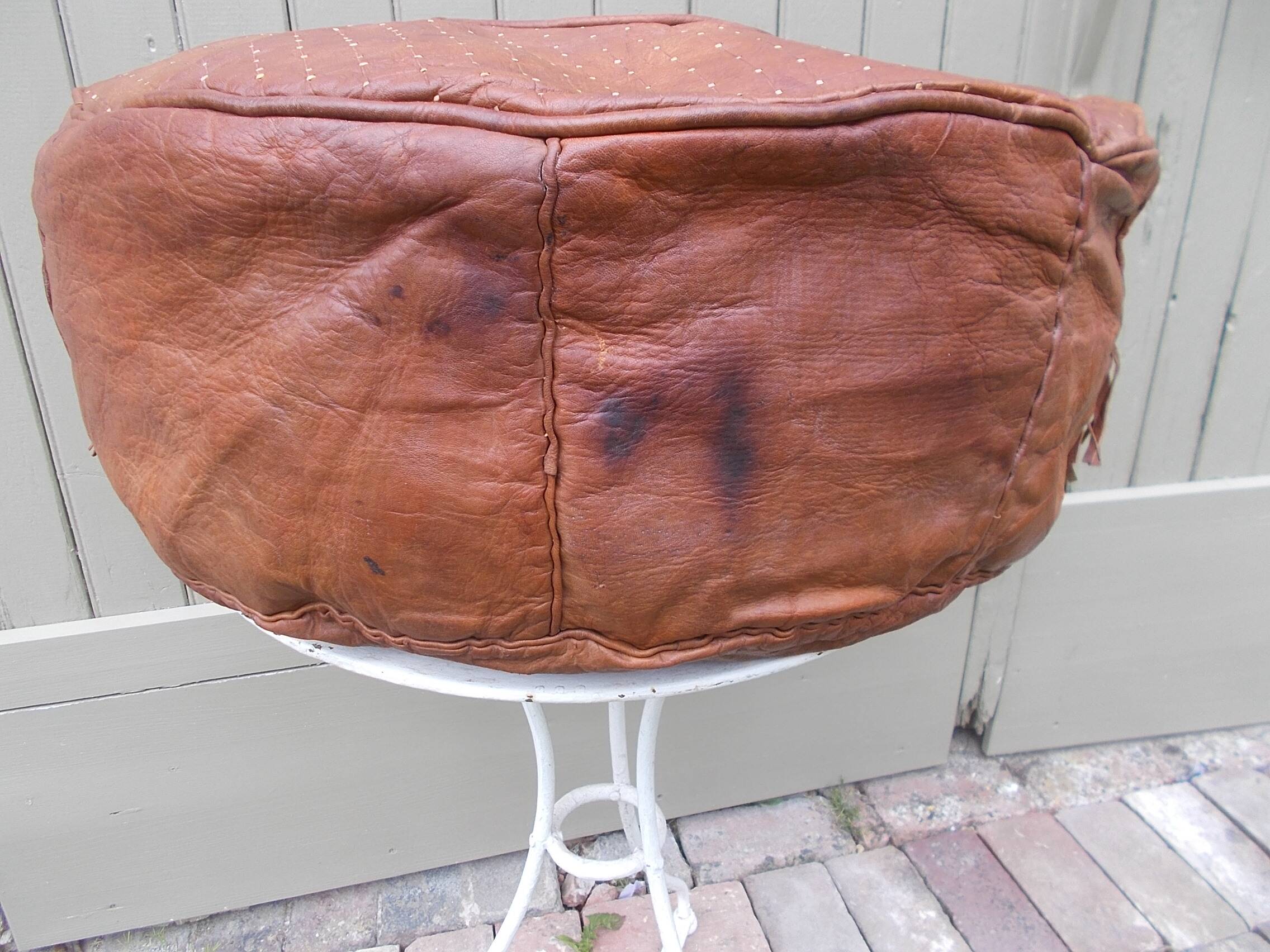 large vintage Moroccan leather pouf