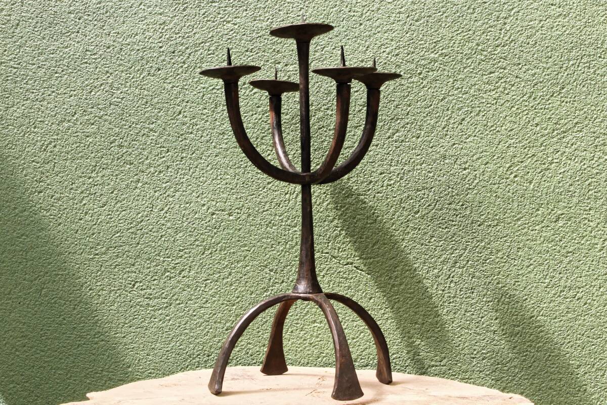 Brutalist wrought iron candle holder, Marolles workshops