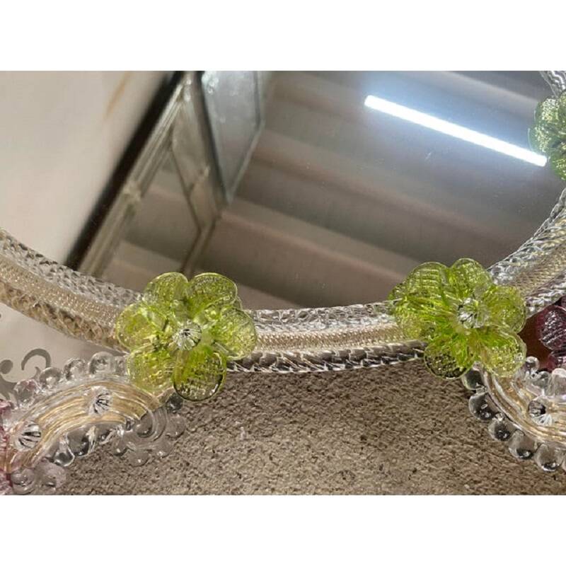 2000s Venetian Oval Green and Pink Floreal Hand-Carving Mirror in Murano Glass Style
