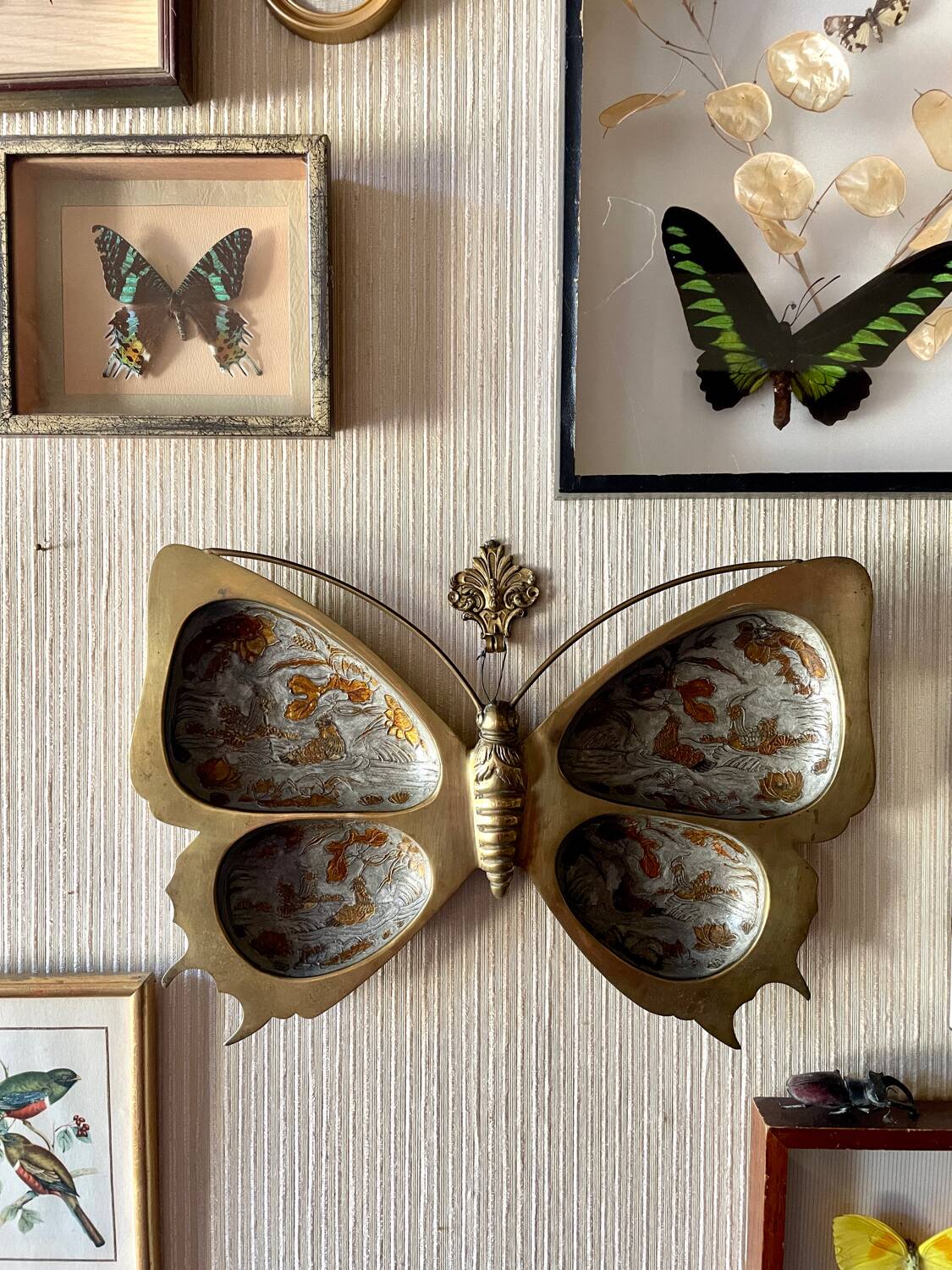 XL butterfly-shaped brass cloisonné trinket tray