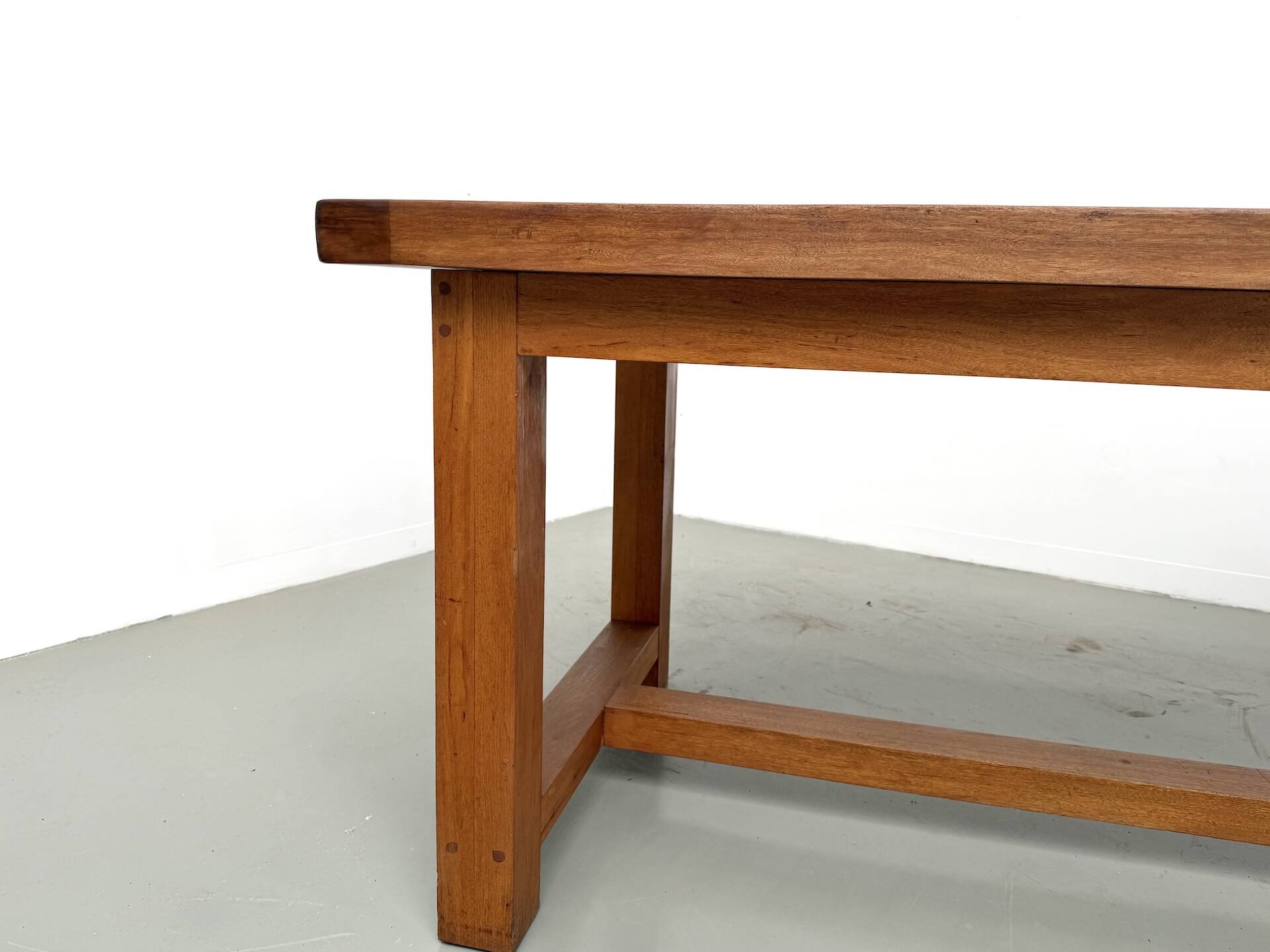 Large modernist farmhouse table in solid beech, thick dowelled top.