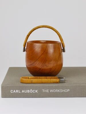 Carl Aubock sugar bowl & tongs, walnut, nickel, cane, no. 3536, 1940s