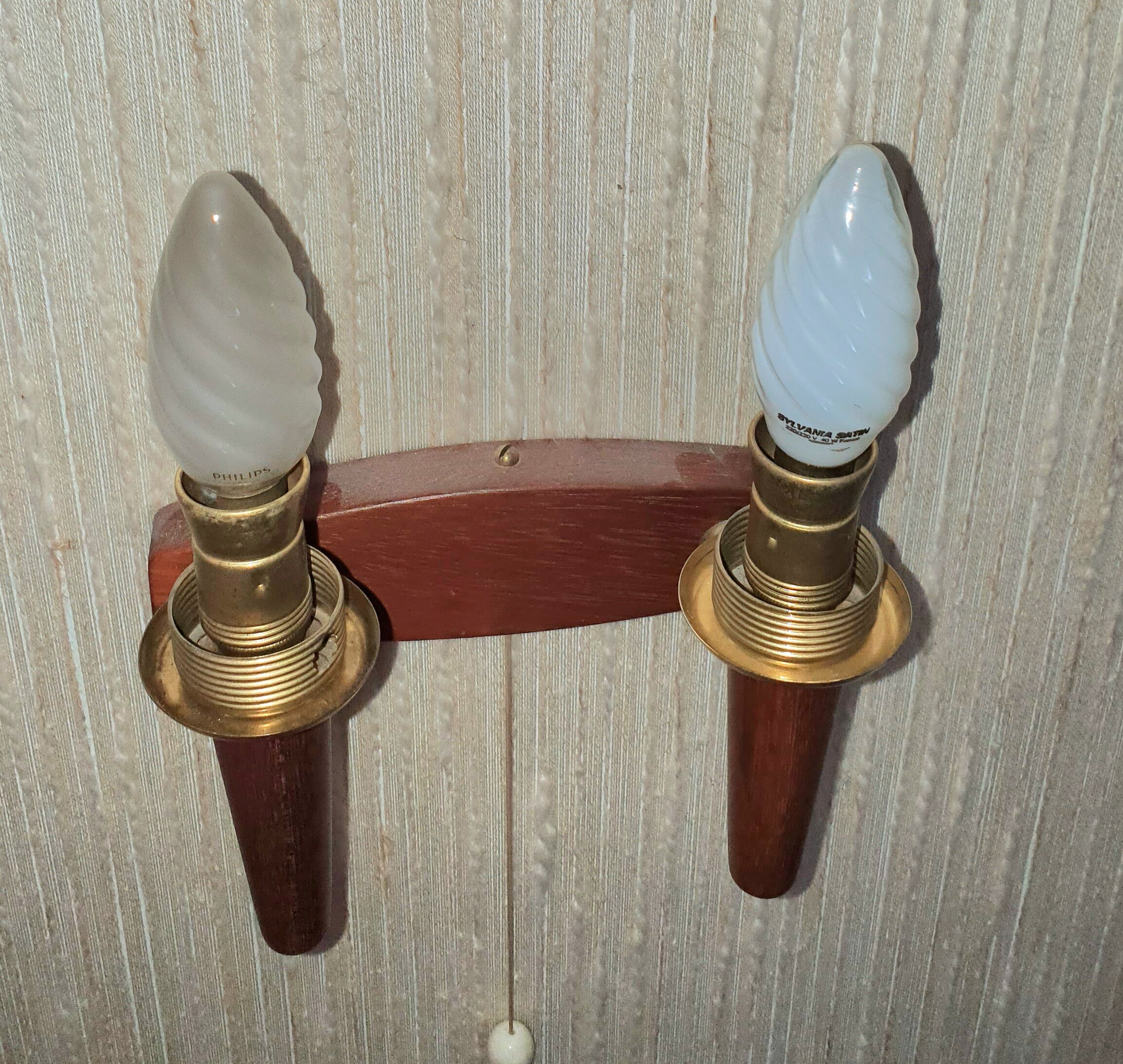 Pair of Scandinavian teak wall lamps with 2 burners 1960