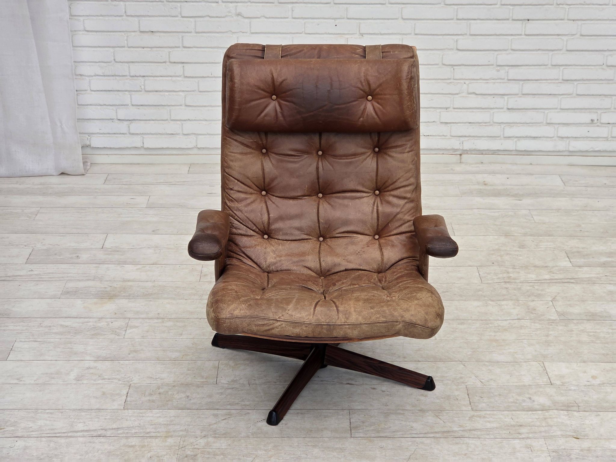1960s, Scandinavian swivel armchair, brown furniture leather.