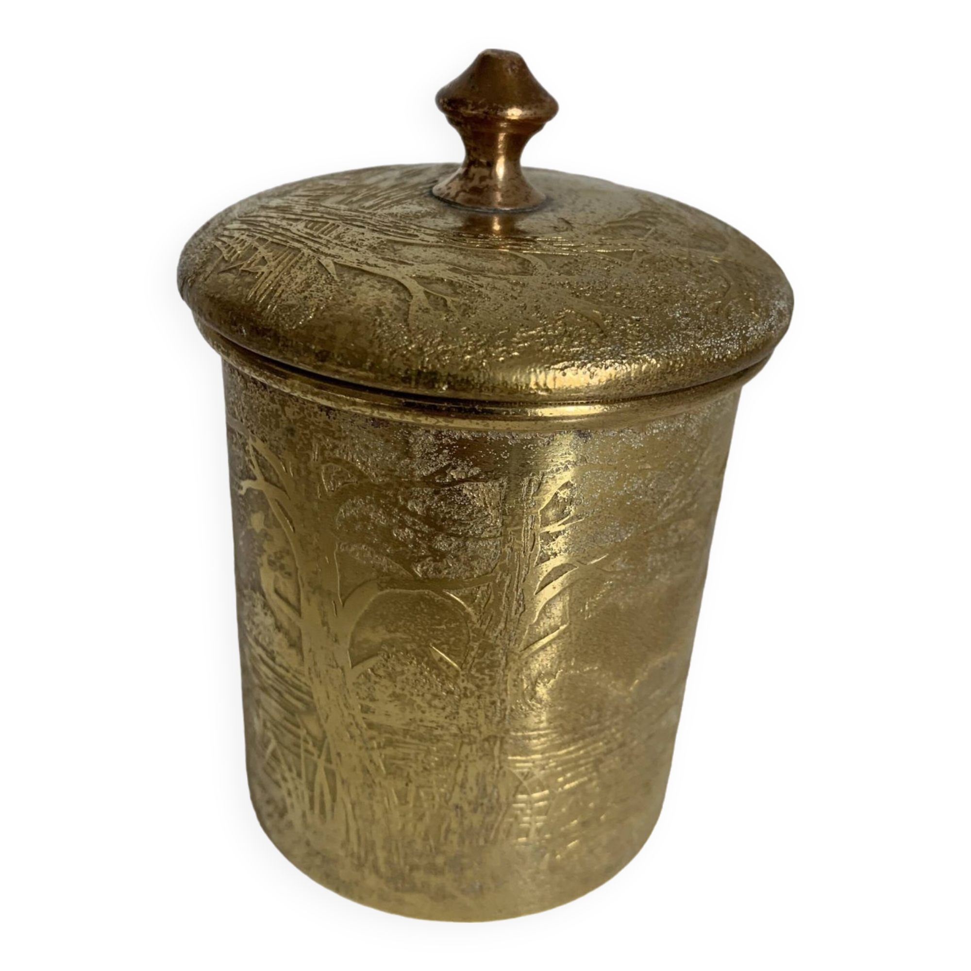 Pot à tabac vintage 1960 tabatière laiton ciselé cuivre - 10 x 7 cm