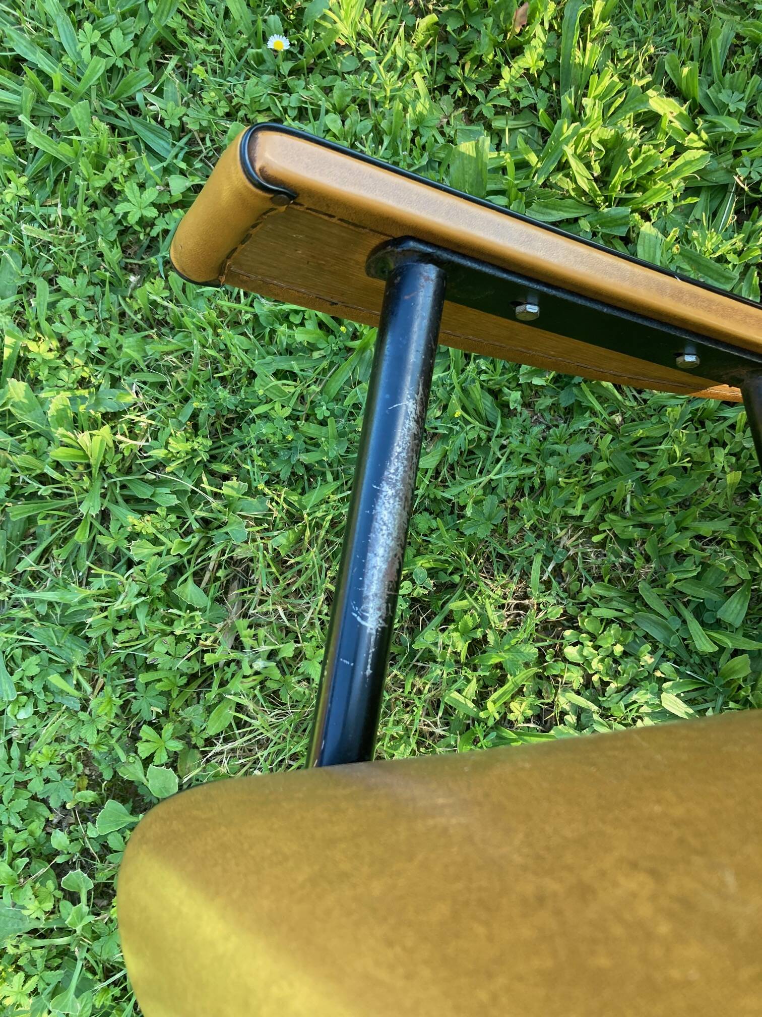 Rare light brown leatherette armchair, by "Colette Gueden", designer from the 50s