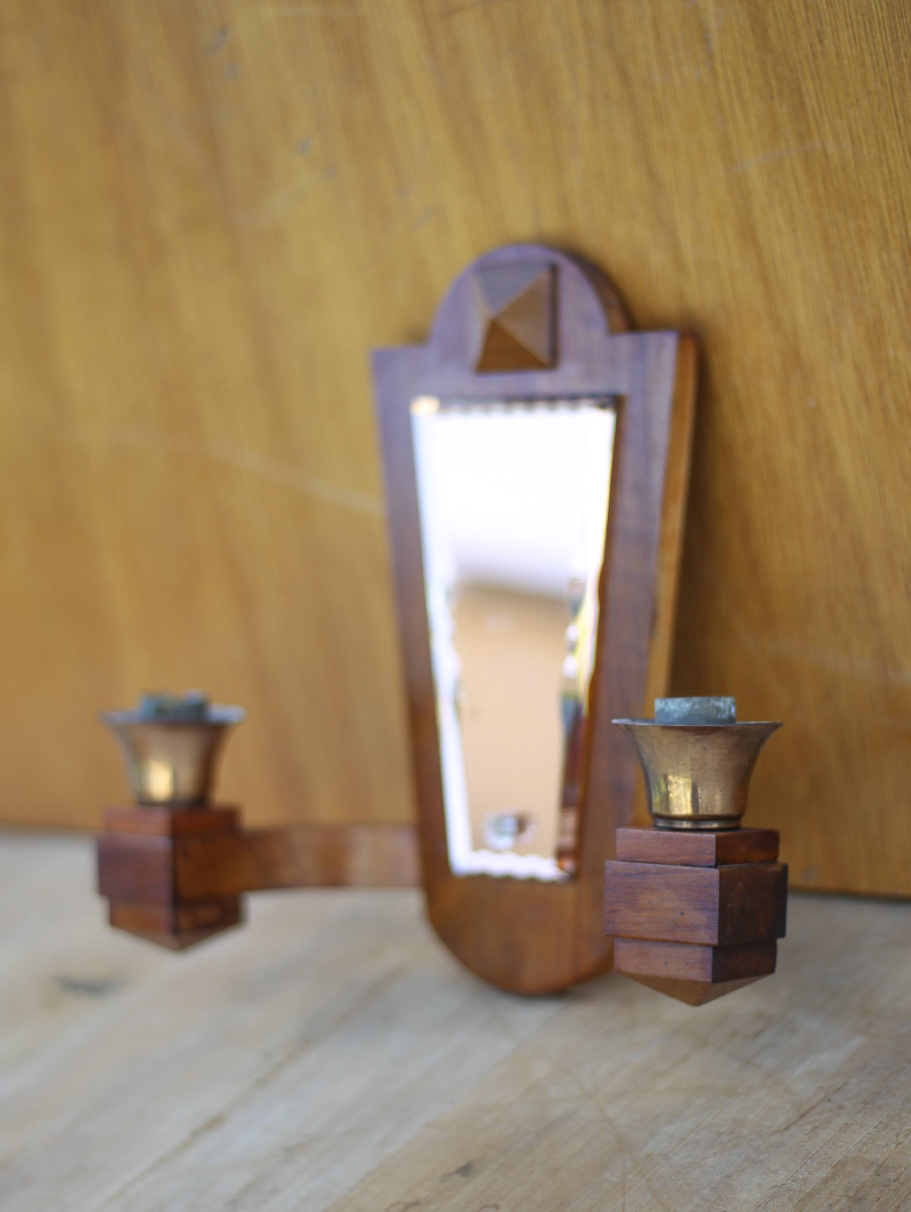 Vintage wooden wall light, wall light with art deco mirror