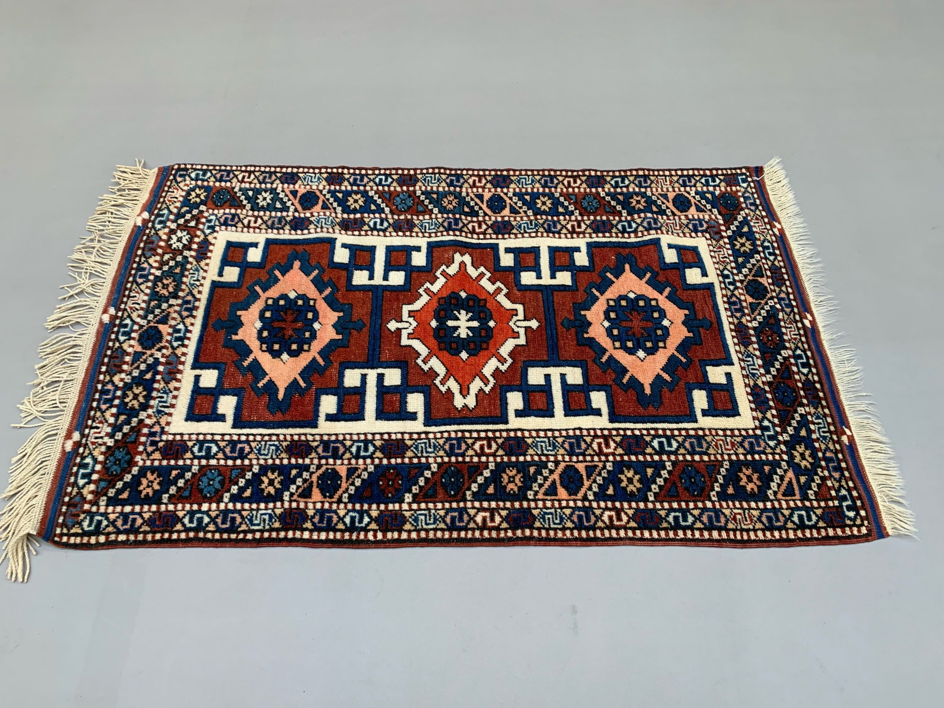 Vintage turkish kazak rug oriental 160x94 cm tribal small carpet, red and blue
