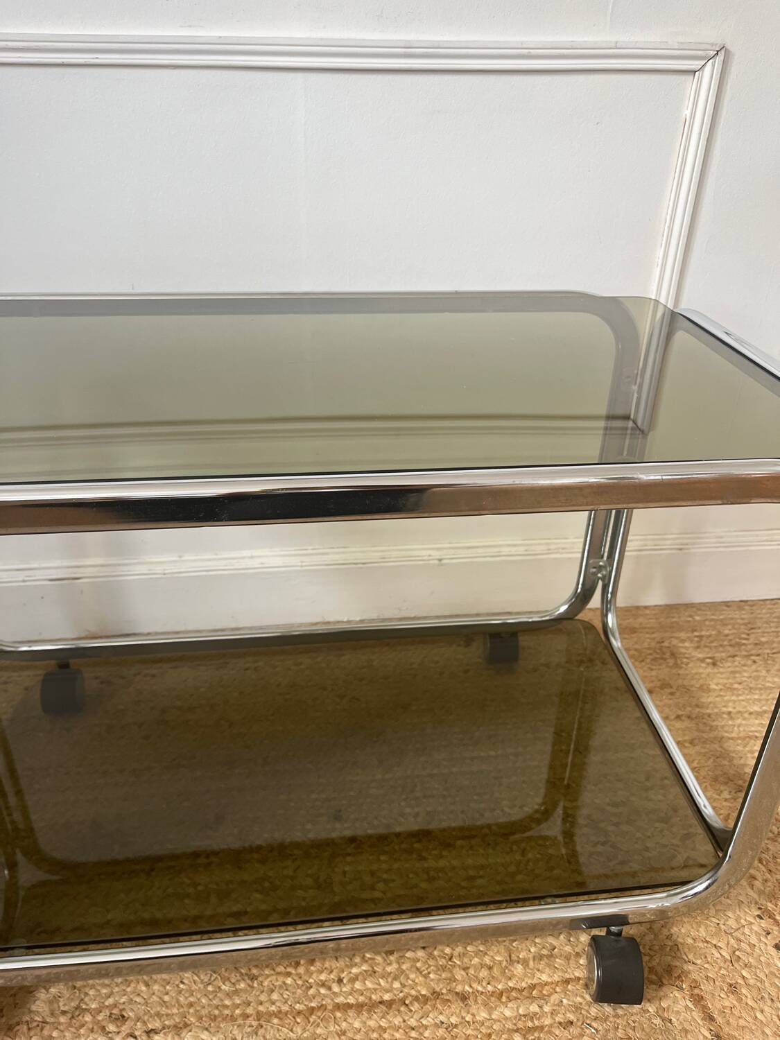 Rolling serving cart in chromed steel and smoked glass, 70s design