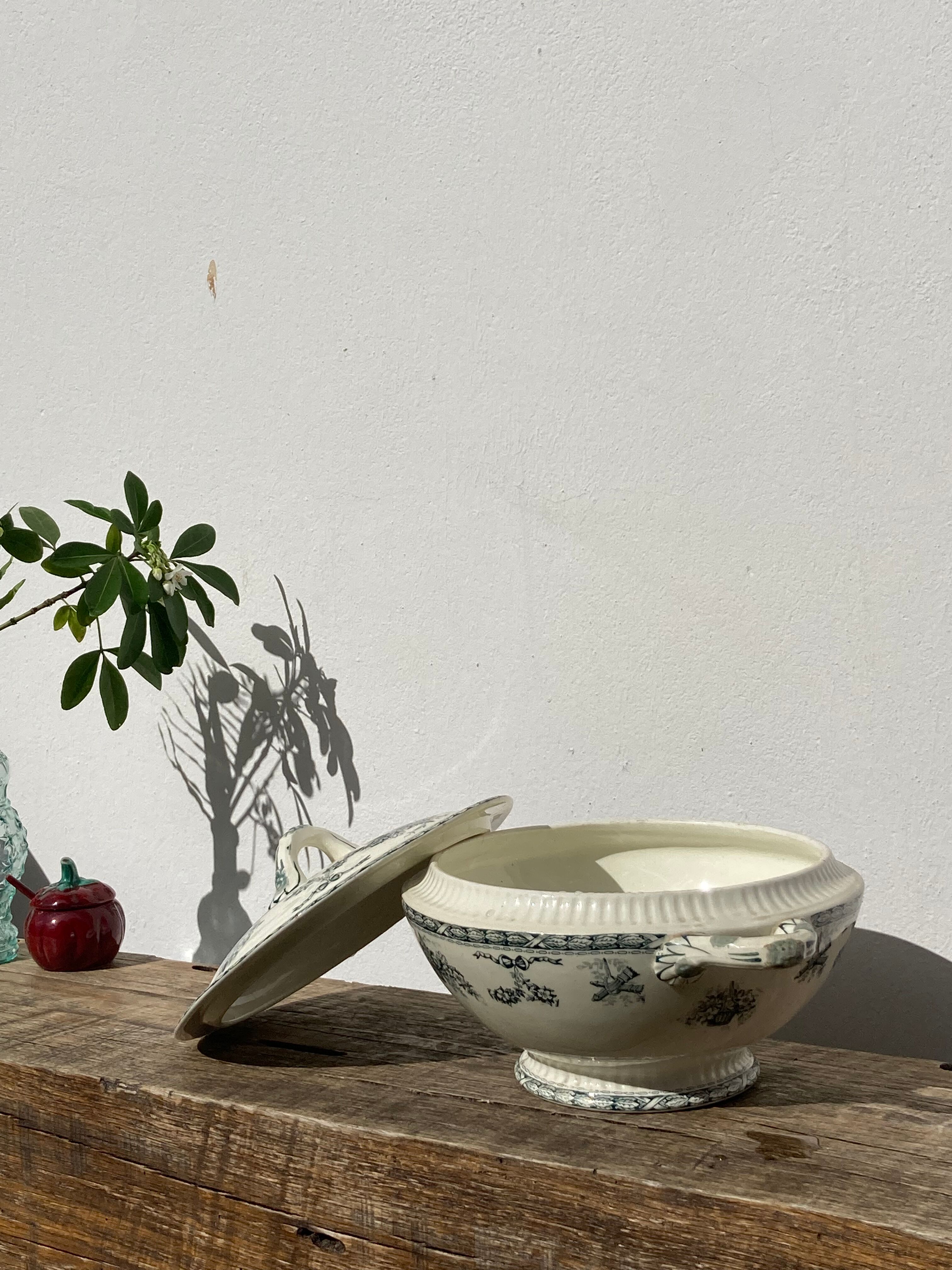 Old iron earth tureen Ninon Salins blue, ceramic and earthenware plate