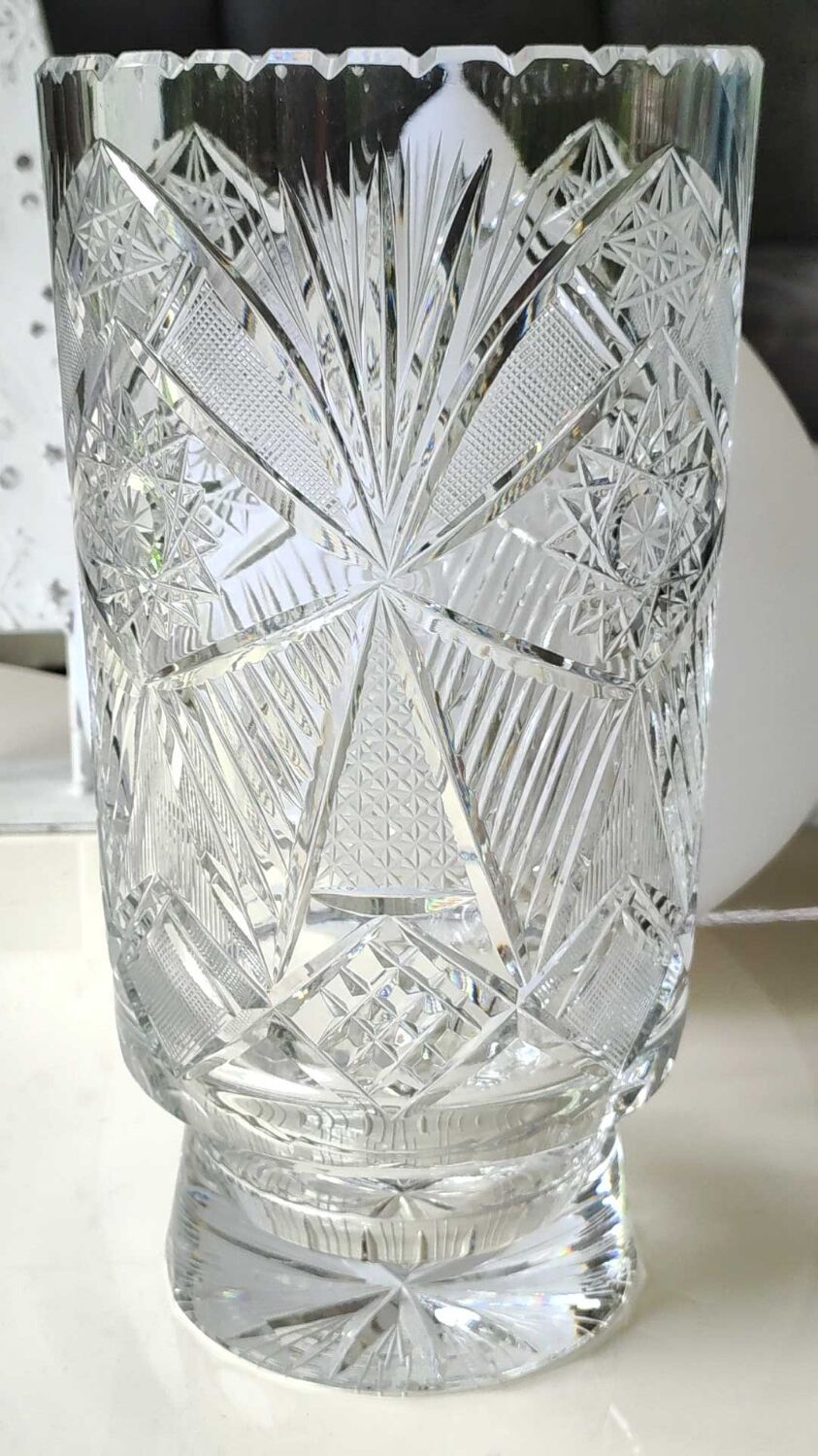 Vintage Bohemian crystal vase, sophisticated, geometric star patterns, high 25 cm