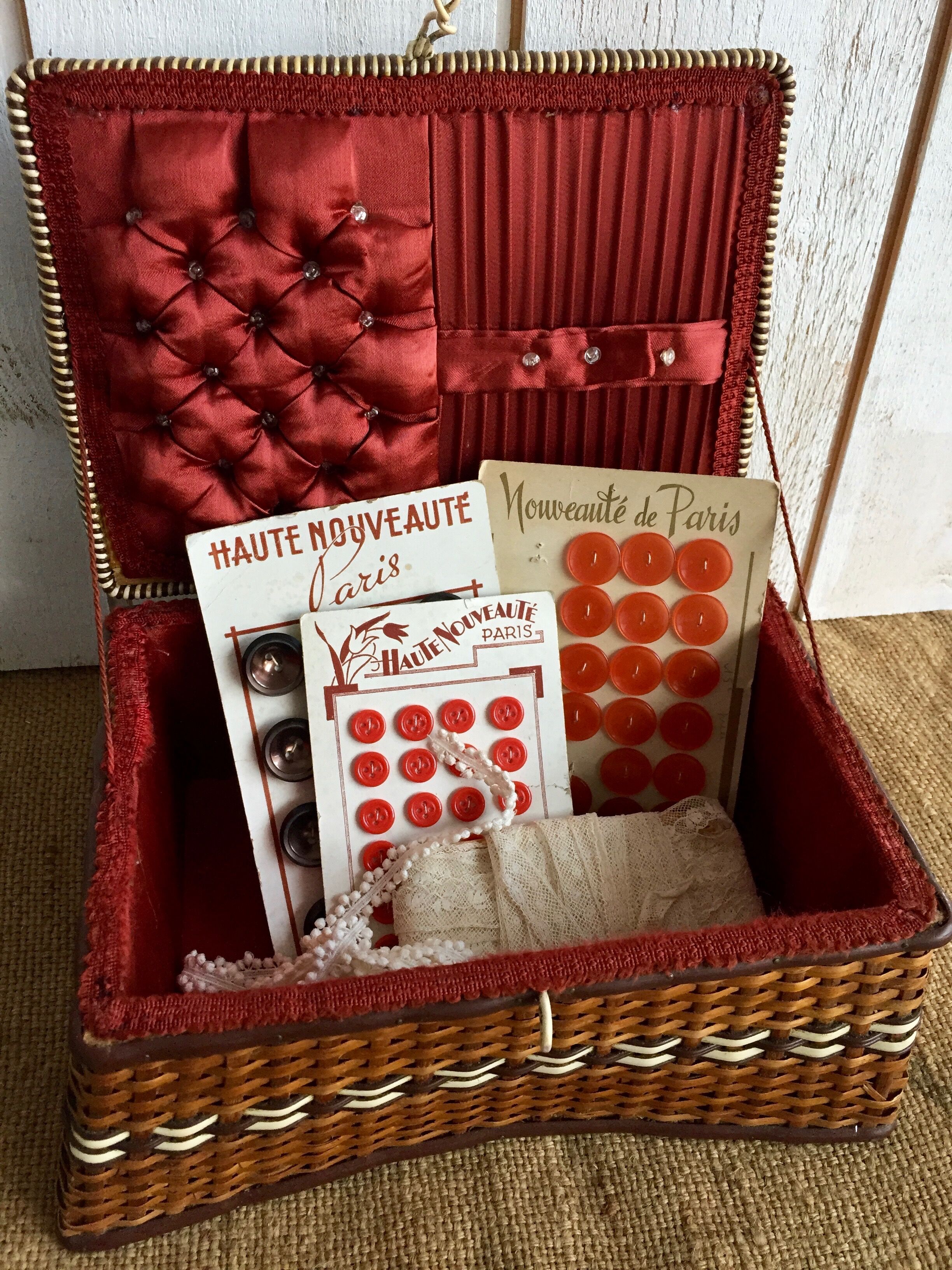 Rattan and scoubidou sewing basket