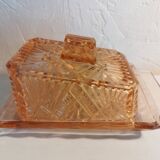 Pink glass butter dish