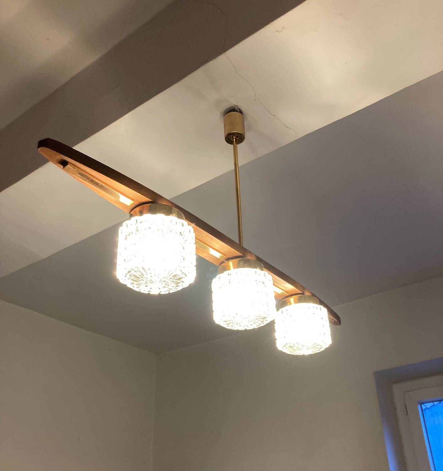 Vintage teak, brass and glass chandelier