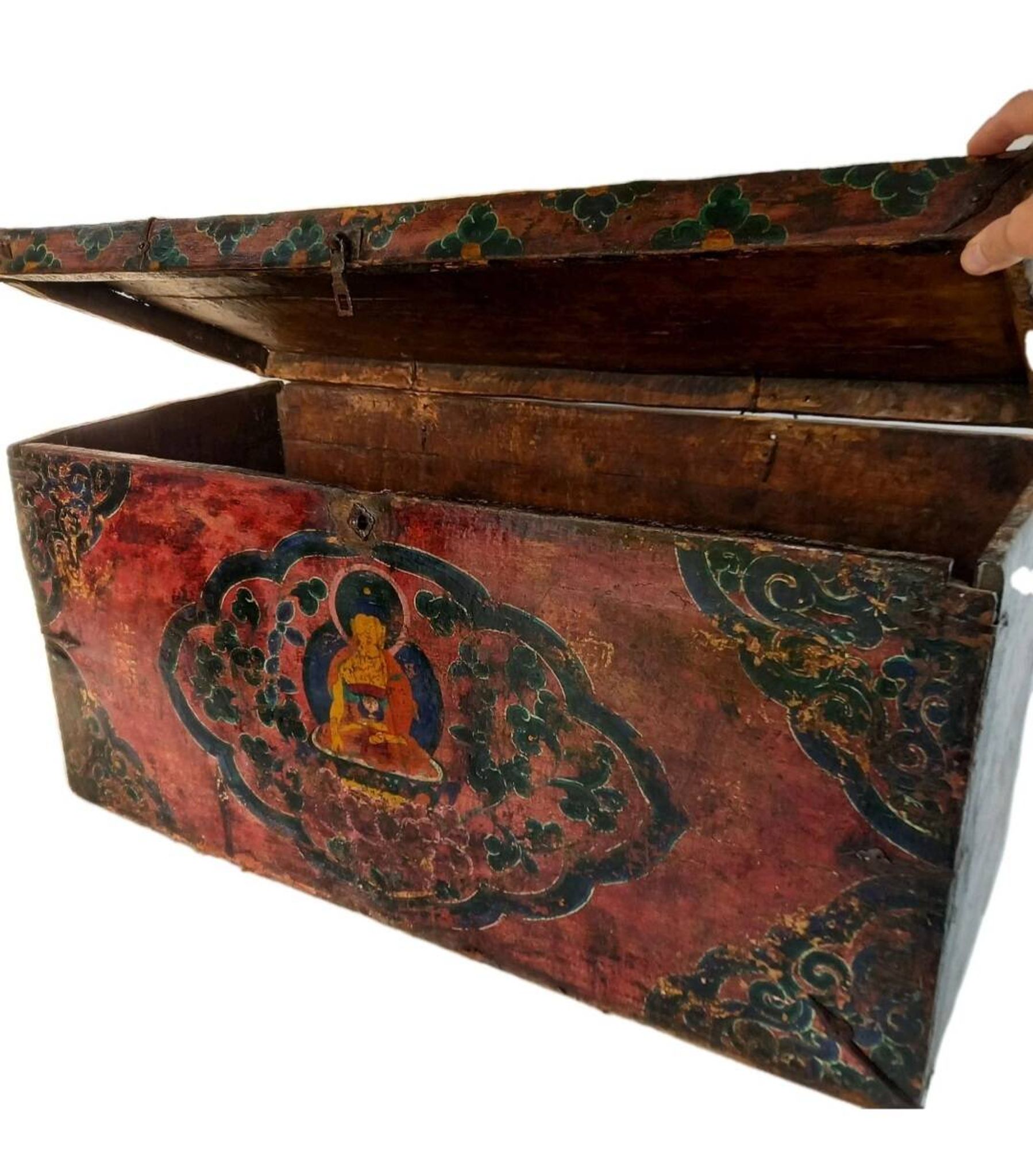 Large antique Tibetan wooden chest with Buddha painting, 18th century