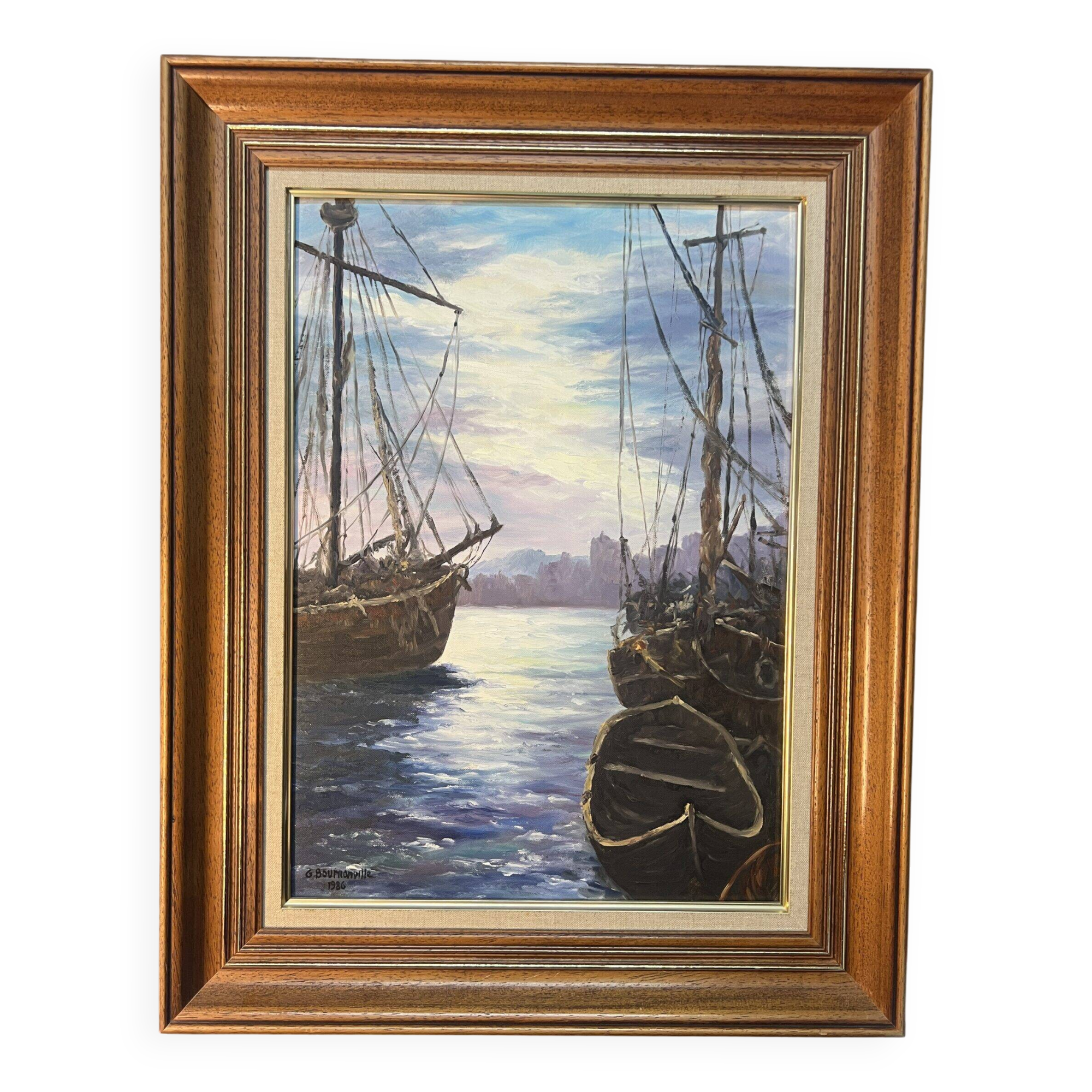 Painting by G. Bournonville, signed and dated 1986, oil on cardboard, boats at the quay