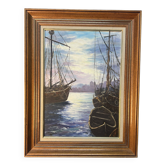 Painting by G. Bournonville, signed and dated 1986, oil on cardboard, boats at the quay