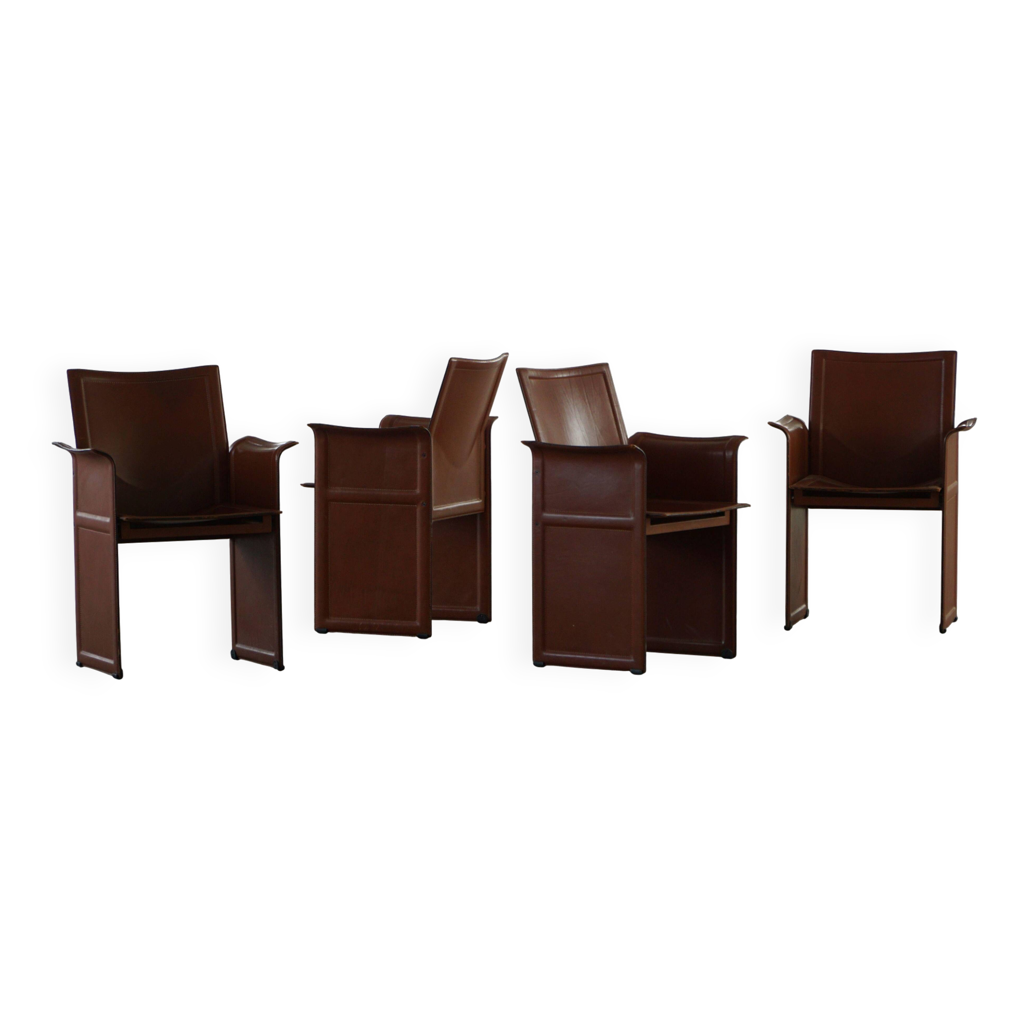 Ensemble de 4 fauteuils en cuir marron/rouge, Tito Agnoli, moderne italien, années 1970