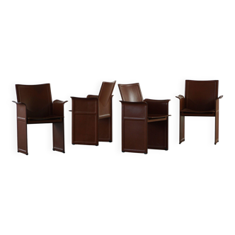 Set of 4 brown/red leather armchairs, Tito Agnoli, modern Italian, 1970s.