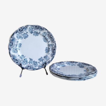4 assiettes plates en faïence terre de fer, Vermont et Blanchet motifs bleu