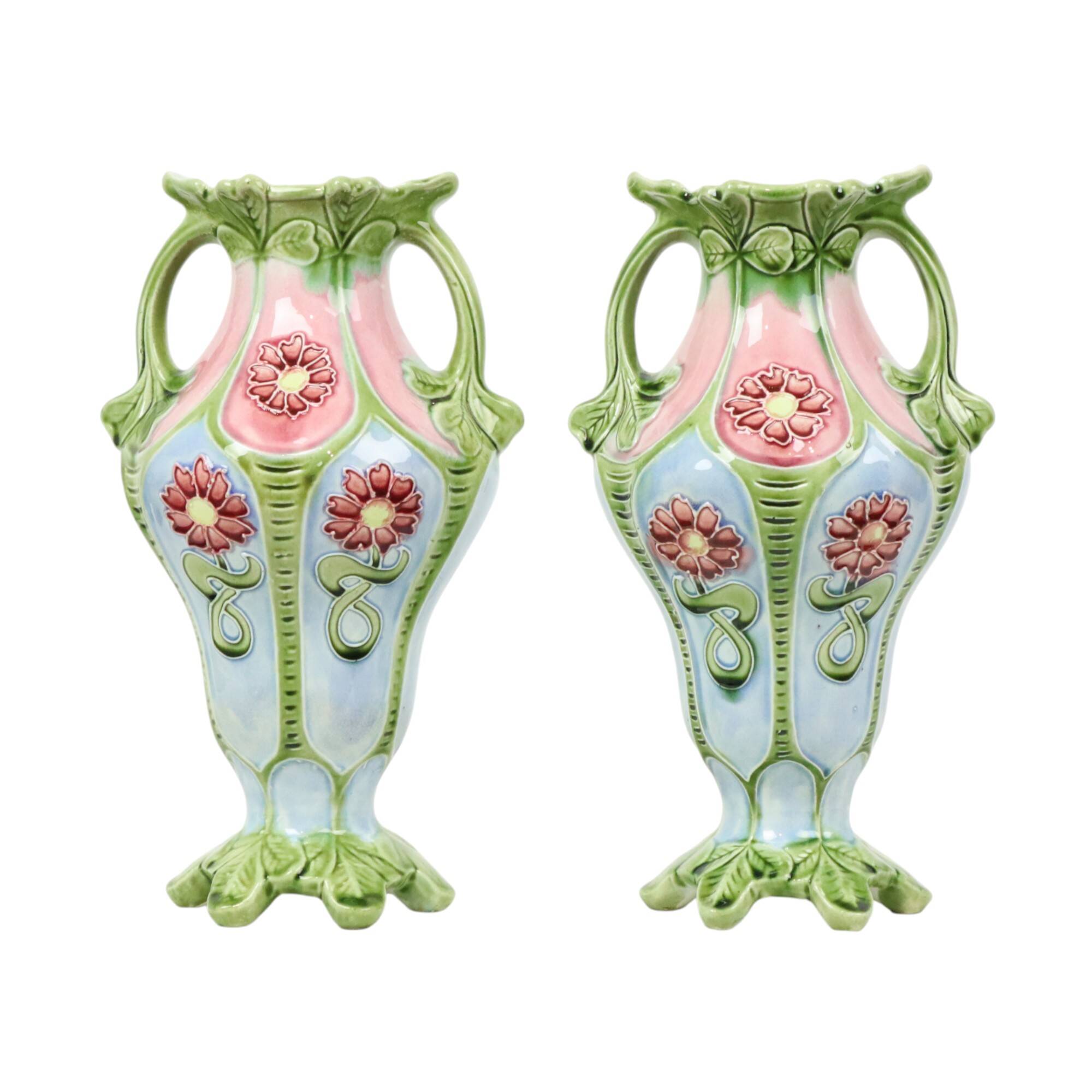 French Art Nouveau Majolica Earthenware Vases ca. 1900