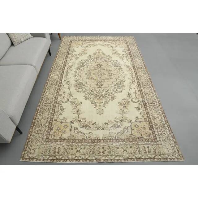 1970s Vintage Turkish Oushak Handmade Wool Cotton Beige Area Rug 186x306