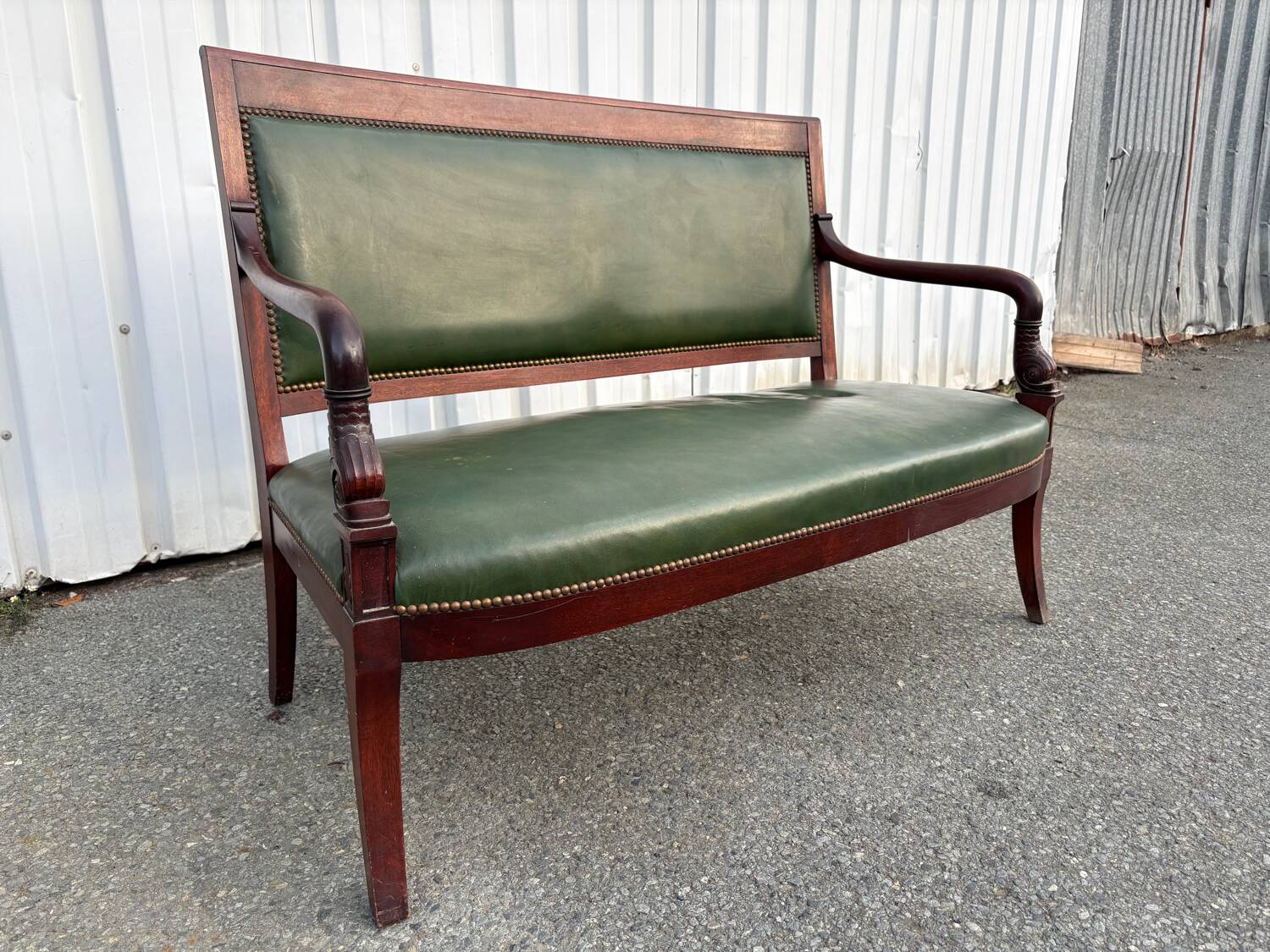 Empire style bench in mahogany and green leather