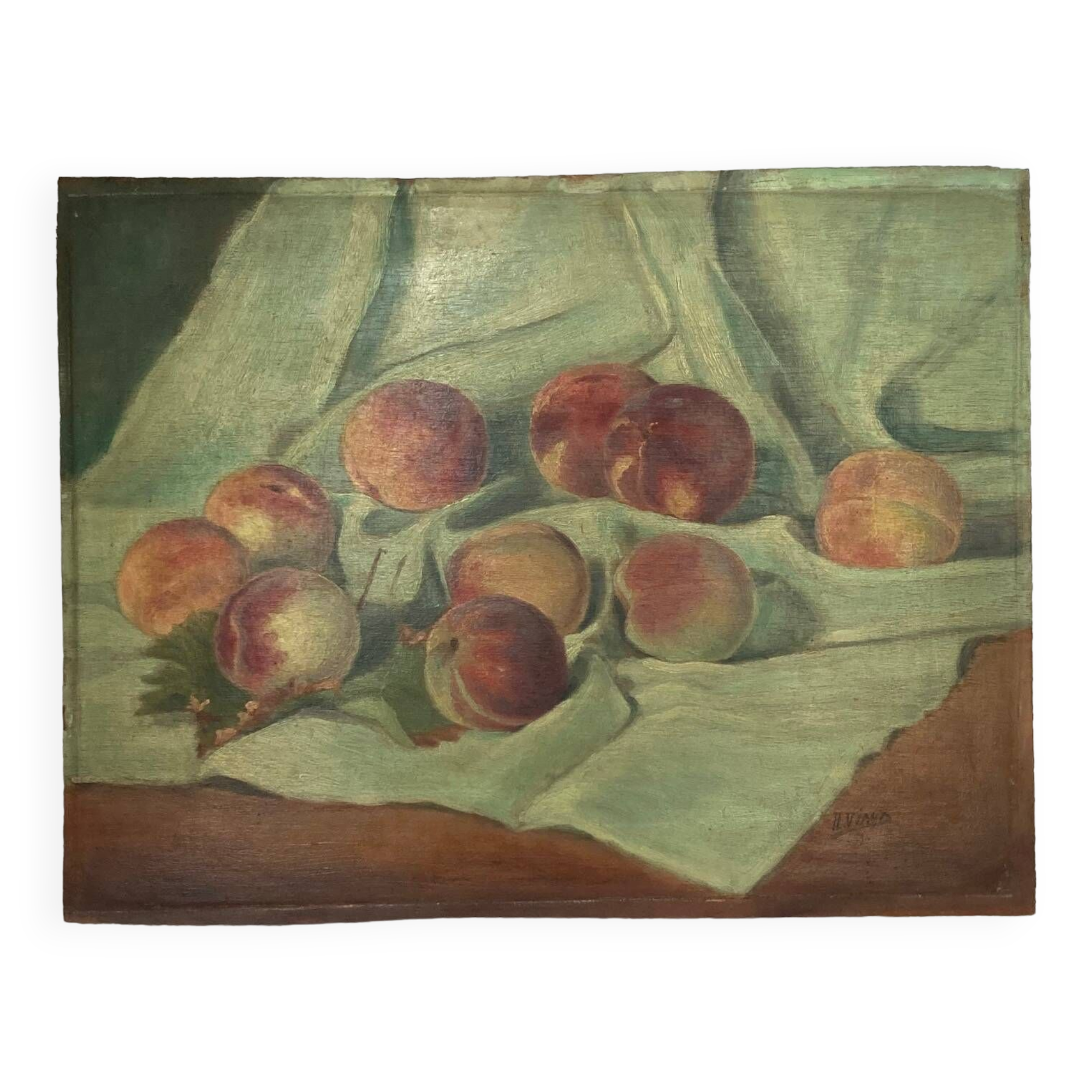 Still life depicting peaches on a cloth