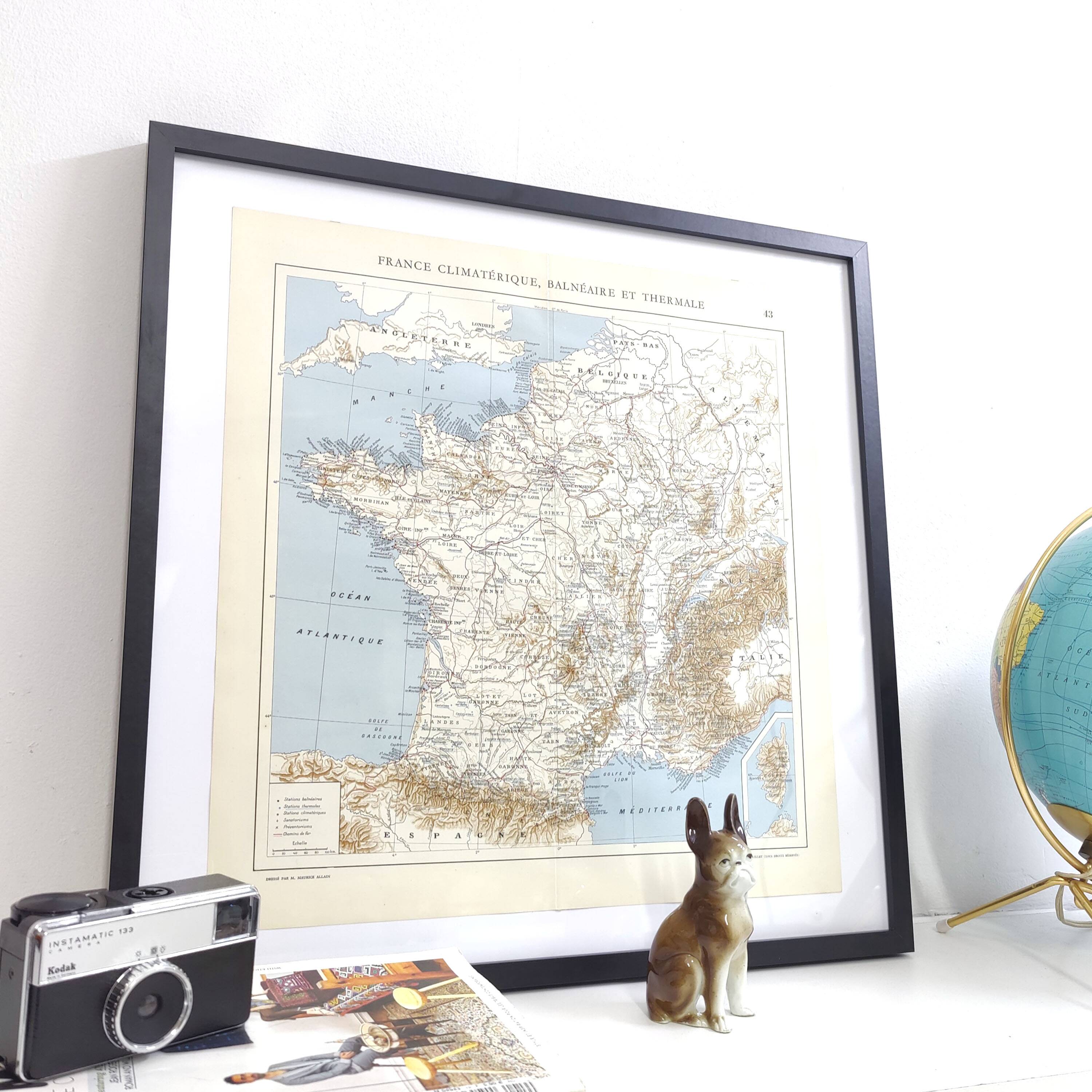 Vintage map of seaside and thermal France from 1950