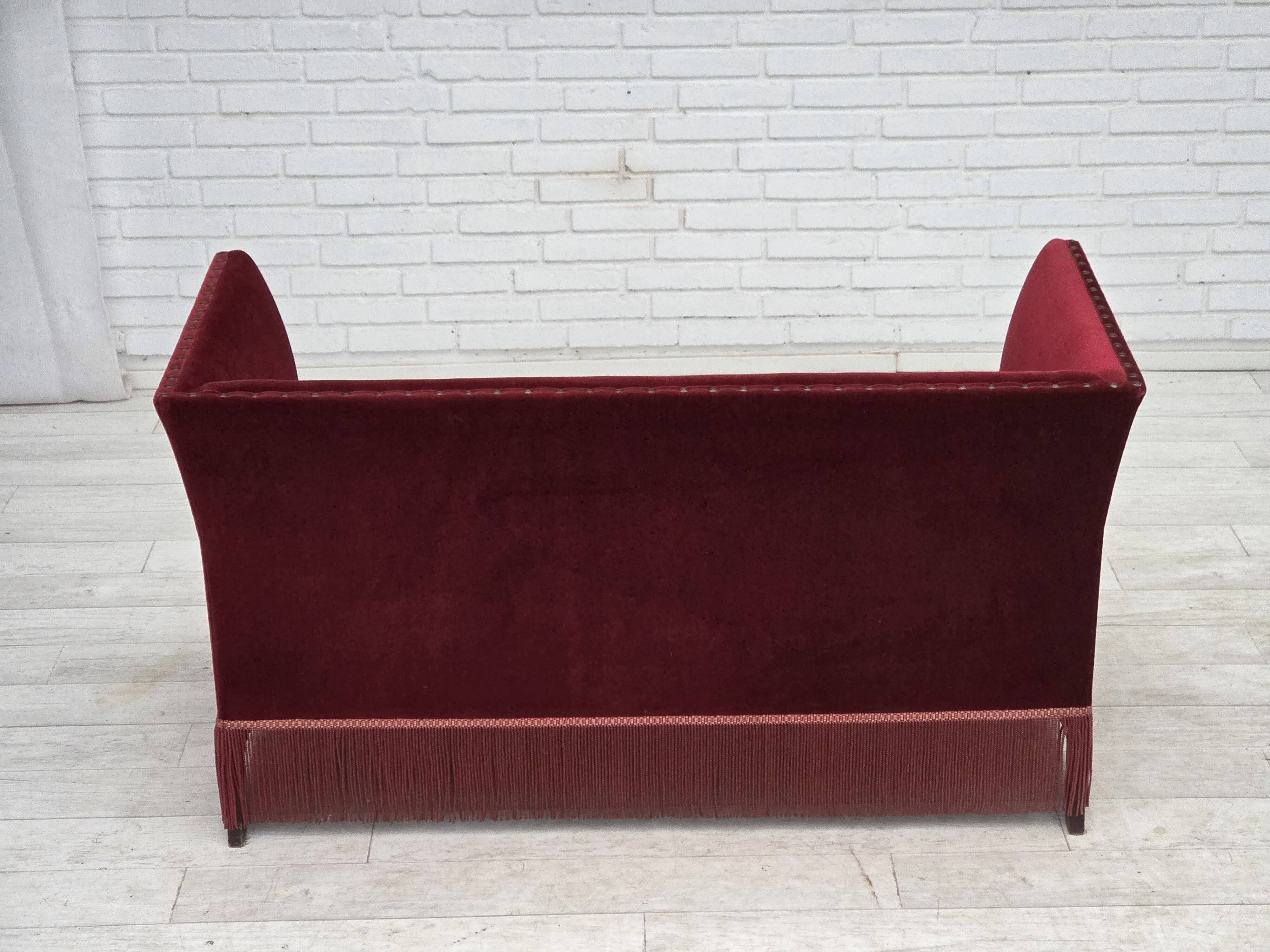 1970s, Danish 2-seater sofa, cherry-red furniture velour.