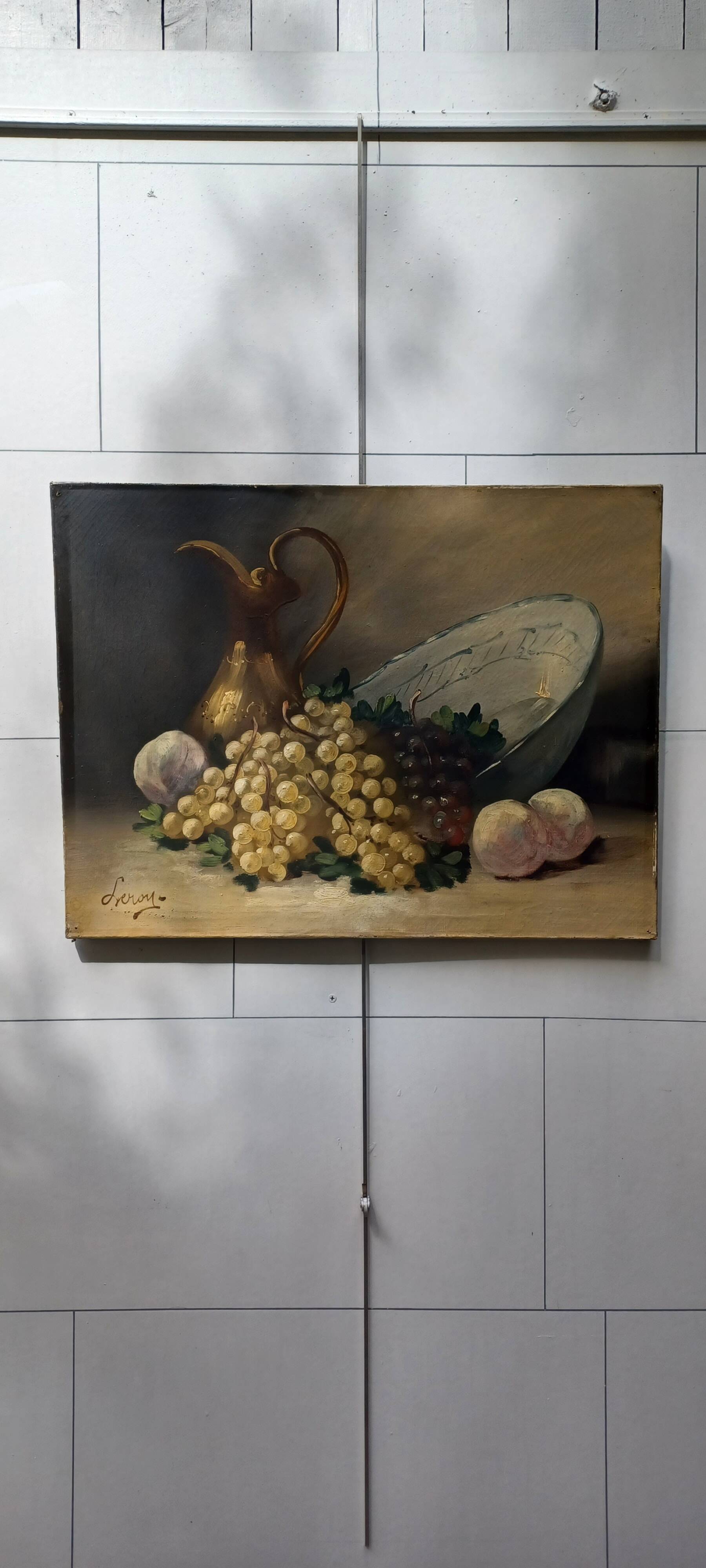 Tableau fin 19eme signe leroy . nature morte a l'aiguiere