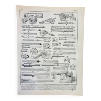 Gravure • Canon ancien, mortier, fusil • Lithographie originale et vintage de 1898