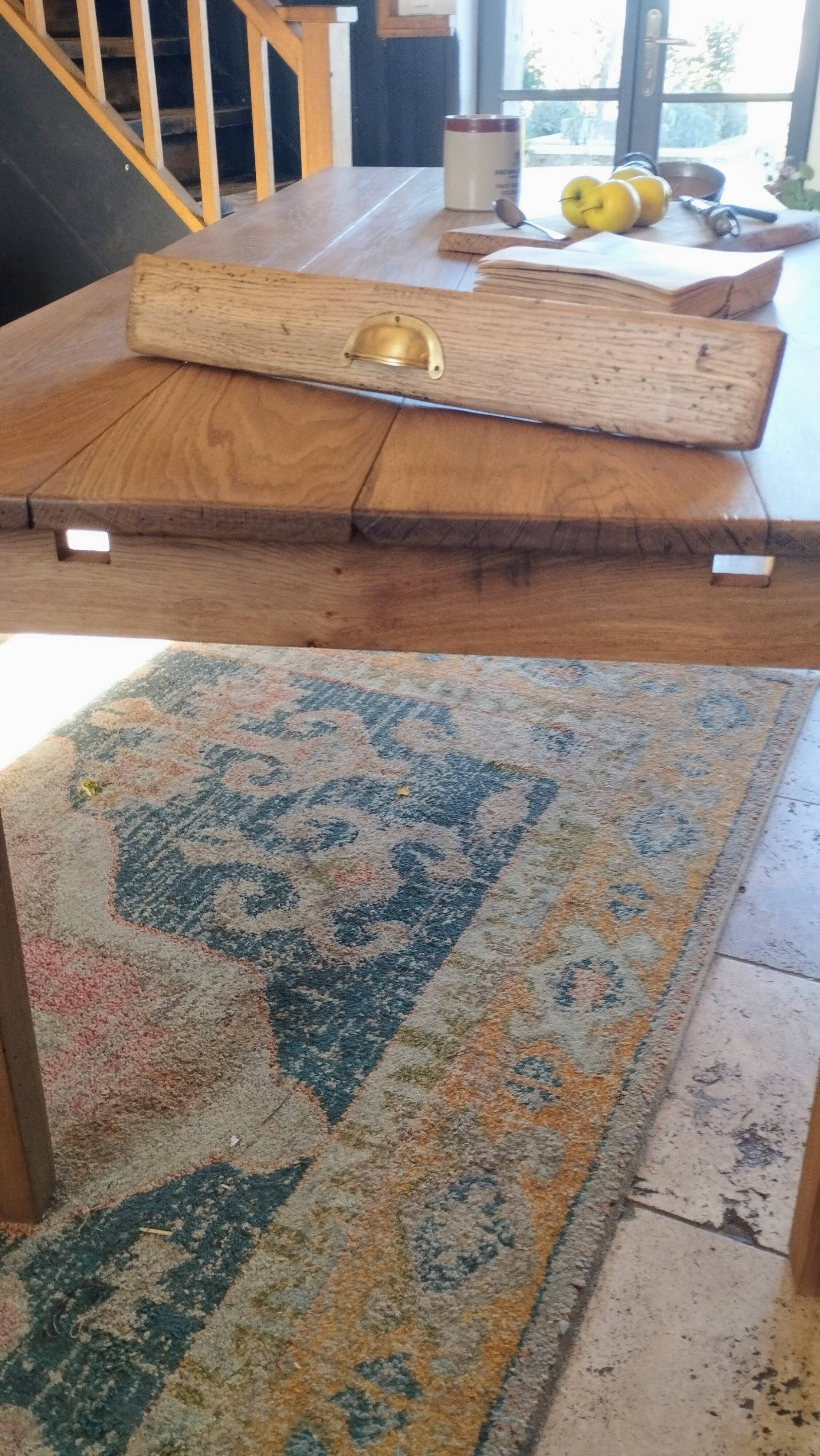 Solid oak farmhouse table with central drawer and extension