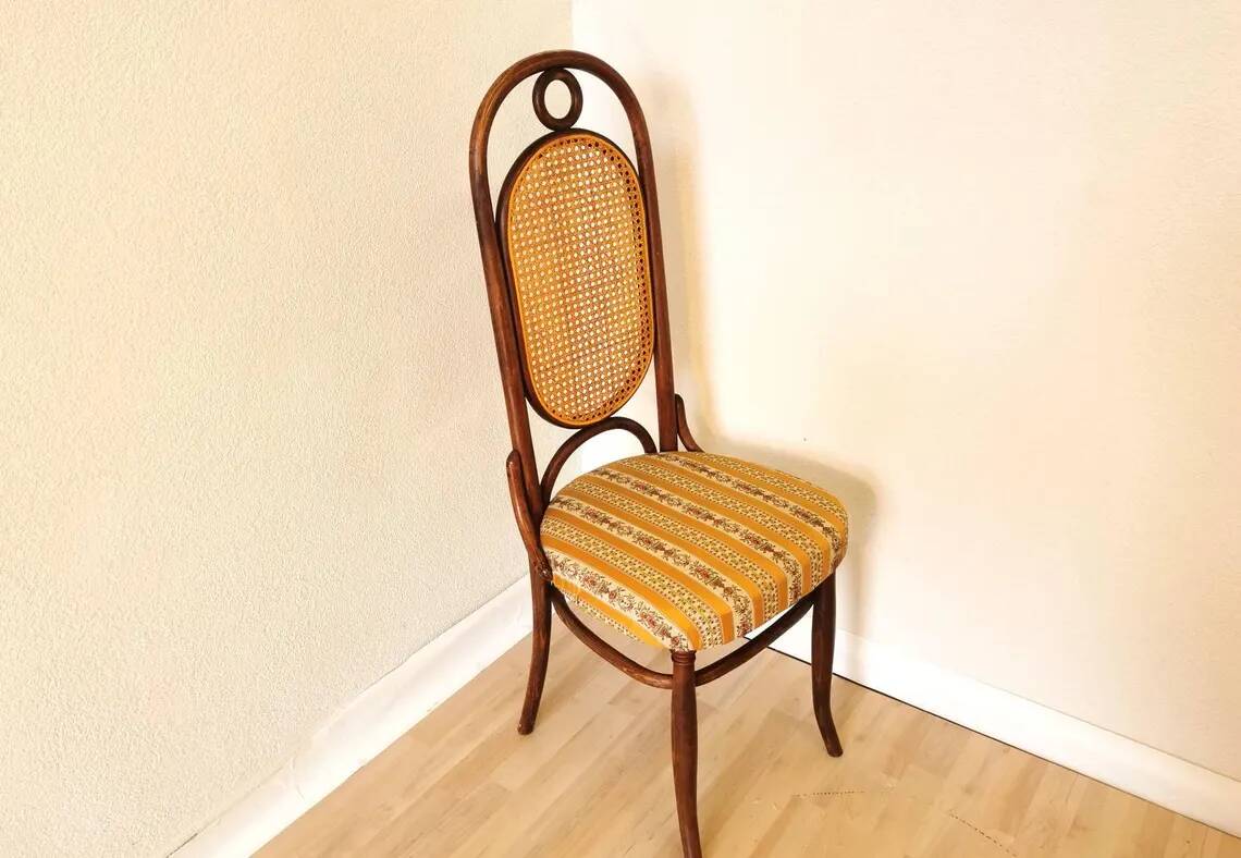 Vintage Thonet Bentwood Chair: Retro Fabric, Cane Backrest, 1970s Yugoslavi