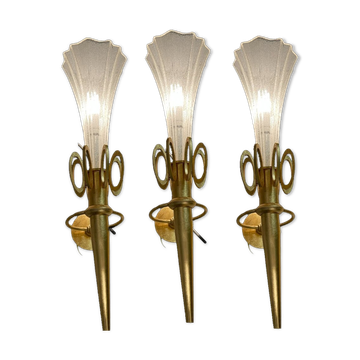 3 appliques en verre de Murano doré