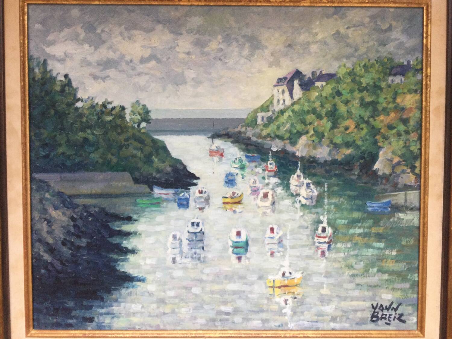 Oil on canvas by yann breiz (1923-2018). the port of brigneau, 1998.