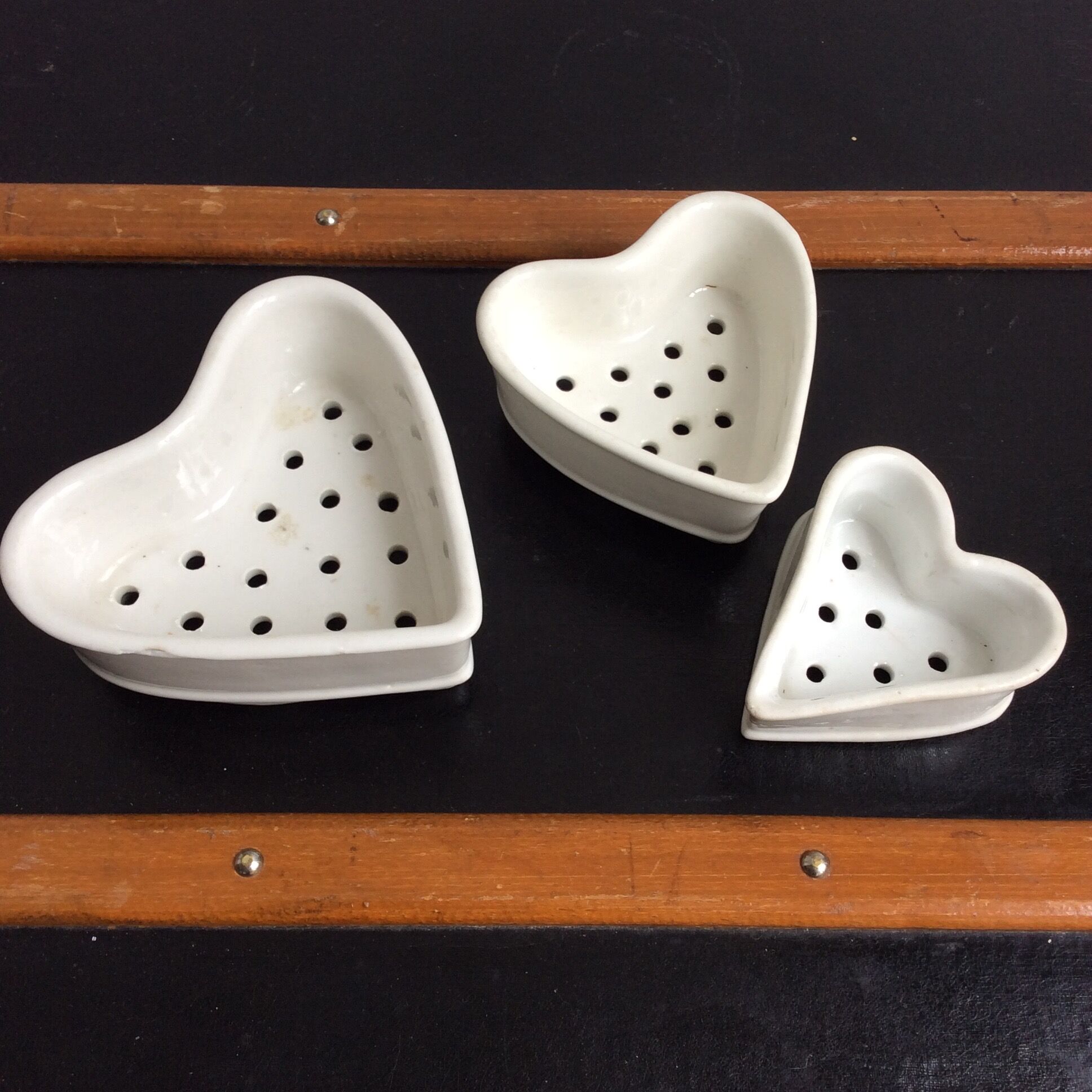 Three cheese molds faisselles coeur neufchatel vintage white earthenware