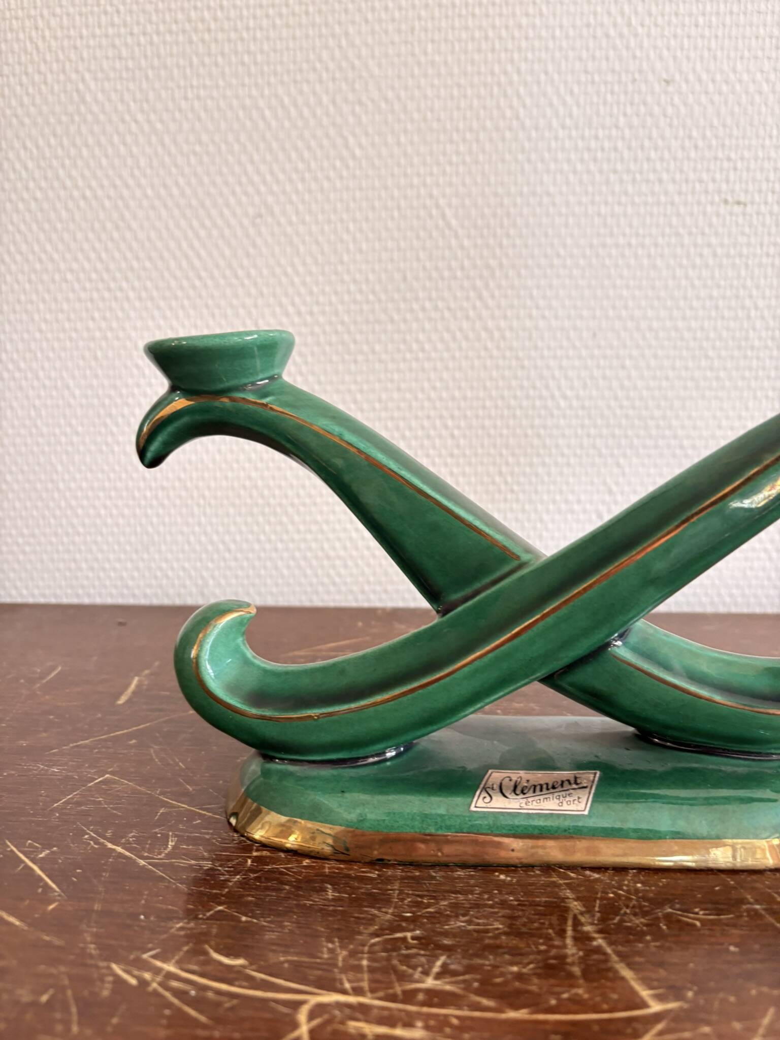 Antique Candle Holder Chandelier 2 Arms Saint Clément Glazed Green Ceramic