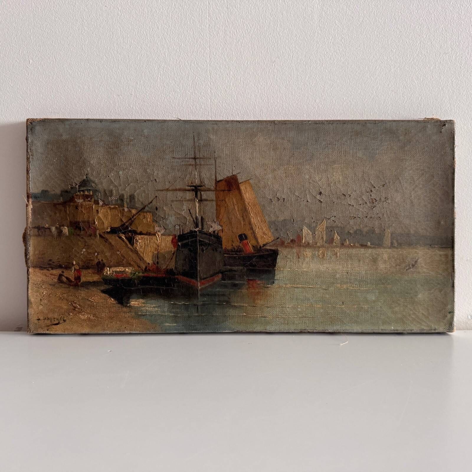 Oil on canvas depicting a boat at the quayside in the late 19th century by H. Hapeyre