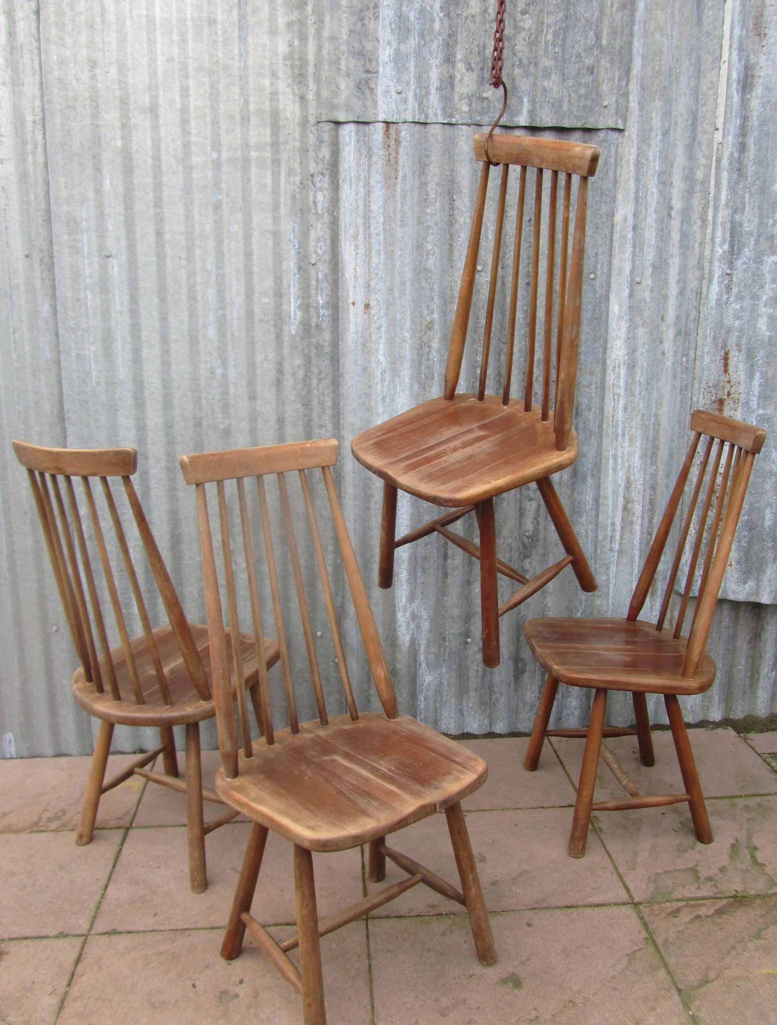 Scandinavian solid wooden high back spindle chairs, set of 4