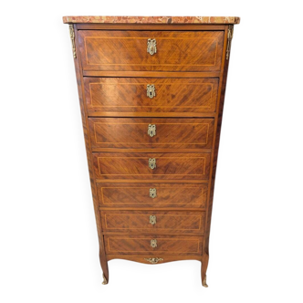 Louis XV chest of drawers in marquetry, with a marble top.