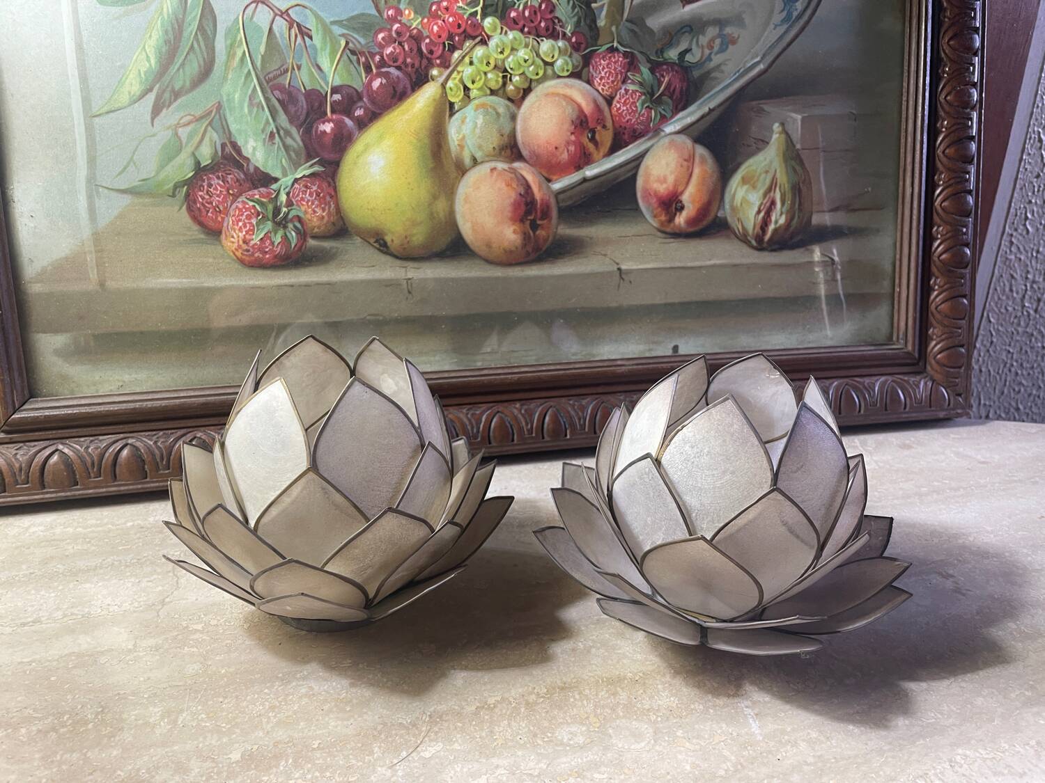 Mother-of-pearl and brass candlesticks