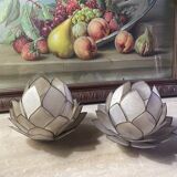 Mother-of-pearl and brass candlesticks